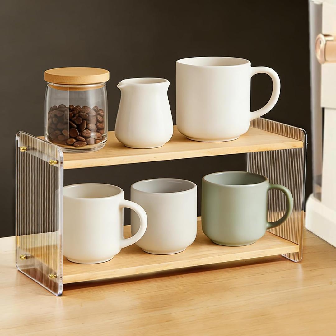2-Tier Coffee Station Organizer, Acrylic & Pine Wood Mug Holder for Coffee Bar & Matcha Station, Easy-to-Clean Countertop Shelf, Modern Minimalist Design