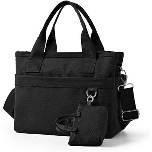 Small Canvas Tote Bag with Multi Pockets, Crossbody Shoulder Bag with Compartments and Zipper, Lightweight Adjustable Tote (Black)
