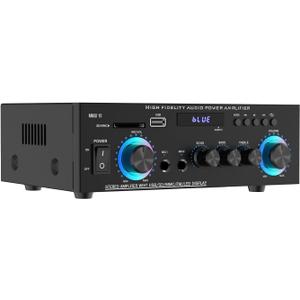 Stereo Audio Amplifier, Max 300W, 2 Channel Stereo Receiver, Wireless Bluetooth 5.0 Power Amplifier System for Home Theater Speakers, Karaoke, Garage, Home Amp with USB,SD,RCA,2 MIC in