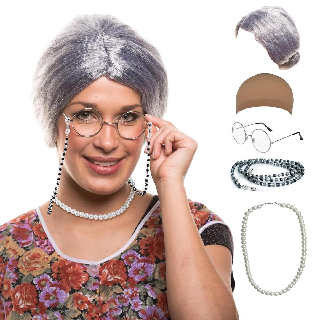 Gray Bun Grandma Wig,Old Lady Costume Set,Granny Costume Wig with Wig Cap,Glasses, Glasses Chain and Pearl Necklace, 5 Piece Set