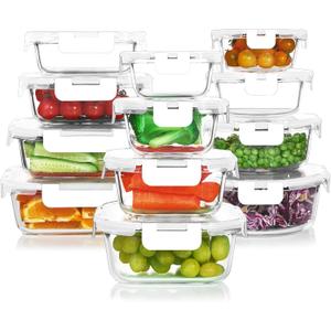24 Pieces Glass Food Storage Containers Set,Glass Meal Prep Containers-Stackable Airtight Glass Storage Containers with lids,Freezer, Microwave, Oven Safe,White