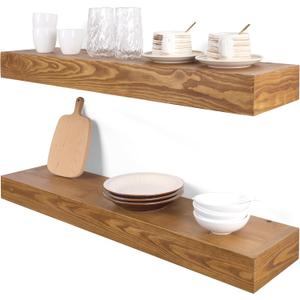 Floating Shelves 3 inch Thick for Wall Set of 2,Solid Pine Wood Wall Mount Shelf for Kitchen Living Room Bedroom Bathroom,8" D x 36" L x 3" H-Gold Oak