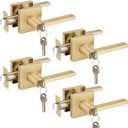 EHOMEWARE 4 Pcs Door Handles Keyed Alike, Satin Brass Door Knobs Interior Modern Door Hardware & Locks, Heavy Duty Door Knobs with Lock and Key, Entry Exterior Door Levers