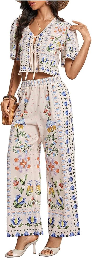 WDIRARA Women's Boho Floral 2 Piece Palazzo Pants Set Short Sleeve Blouse (S)