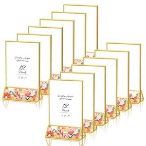 PPH-Sisy 5x7 Acrylic Sign Holder Gold Picture Frame Plastic Stands for Display Double Sided Clear Paper Holder Ideal for Table Top Wedding Sign Table Numbers Flyer Holder QR Code, 12 Packs