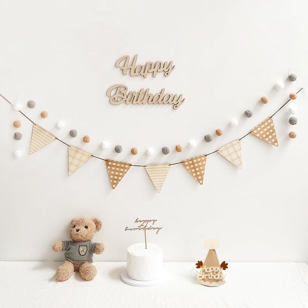 Happy Birthday Banner Felt Pre-Strung Pennant Flags and Pom Pom Garland, Party Hat for Birthday Decorations, Reusable Party Sign for Women Men Girl Boy High Chair Backdrop