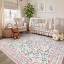 Collive Pink 5x7 Floral Area Rug, Machine Washable Rug for Bedroom Girls, Boho Non Slip Soft Ultra Thin Throw Indoor Rugs for Living Room Nursery Kids Playroom Dining Dorm