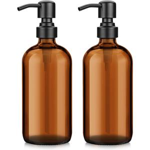 AmazerBath Amber Glass Soap Dispenser, 2 Pack Soap Dispenser Set with Stainless Steel Pump, Vintage Liquid Brown Soap Dispensers Bottle, 17 Oz Dish Soap and Hand Soap Dispensers for Bathroom Kitchen