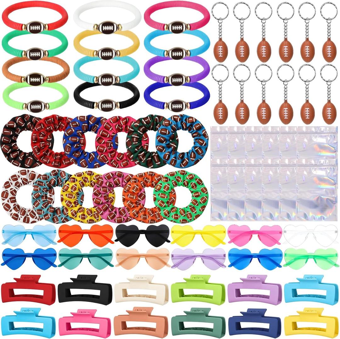 XunYee 72 Pcs Teen Girls Party Favors Sets Bulk for Women Include Heart Sunglasses Scrunchies Hair Clips Bracelets Keychain Laser Bags for Preppy Stuff Gifts(Multicolors)