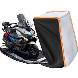 Full Enclosed Motorcycle Cover Waterproof Outdoor/Indoor Storage Waterproof Motorcycle Cover Heavy Duty with Reflective Strips Fits Scooter/Touring Motorcycles Length up to 108"Black+Sliver