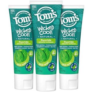Tom's of Maine ADA Approved Wicked Cool! Fluoride Children's Toothpaste, Natural Toothpaste, Dye Free, No Artificial Preservatives, Mild Mint, 5.1 oz. 2-Pack