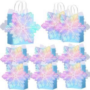 Kolldenn 12 Pack Princess Snowflake Gift Bag Holographic Snowflake Party Favors Gift Bags with Handle Paper Candy Treat Goodie Bags for Holiday Birthday Party Supplies