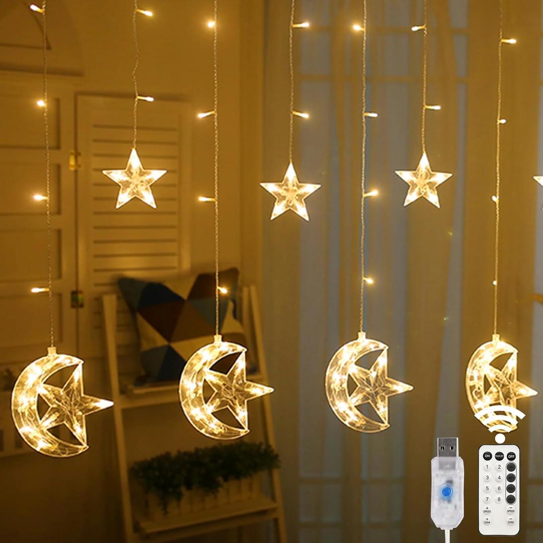 WATERGLIDE 138 LED Star Moon Curtain Decorative Lights, Window Curtain Fairy String Lights, Remote Control & USB Plug, 8 Lighting Modes for Home Holiday Ramadan Christmas Wedding Party, Warm White