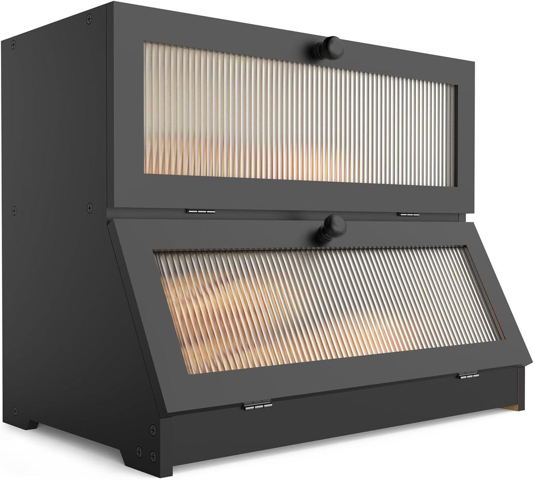 LOHASOK Bamboo Bread Box for Kitchen Countertop, Double Layer Large Bread Storage Container for Homemade Bread with Window & Lid, Bread Keeper Holder,Black