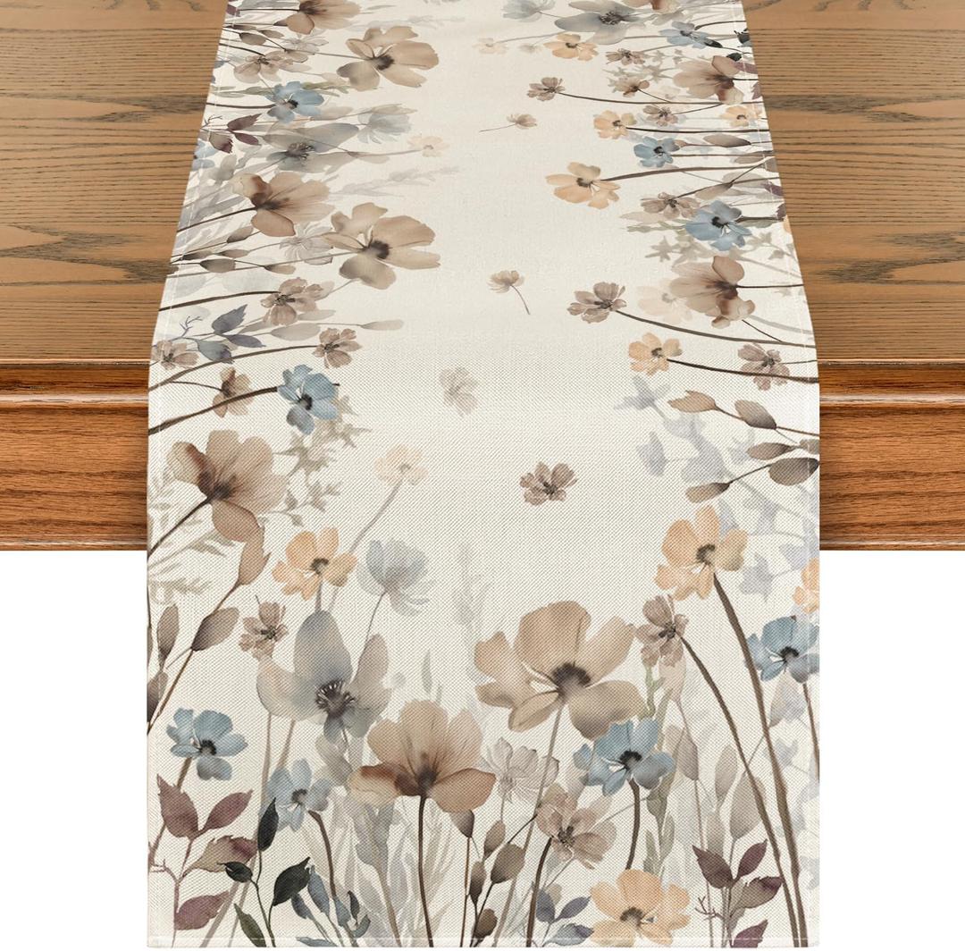 Artoid Mode Brown Poppy Flowers Floral Blossom Summer Table Runner, Fall Kitchen Dining Table Decoration for Home Party Decor 13x72 Inch