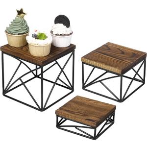 MyGift Modern Tabletop Square Dessert Stand Risers, Cake and Appetizer Display Nesting Pedestals with Rustic Brown Wood Top Shelf and Metal Wire Base, Set of 3