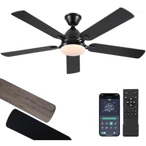 BYKISTOK Ceiling Fans with Lights, 52 Inch Low Profile Ceiling Fan with Light and Remote Control,Reversible, 3CCT, Dimmable, Quiet, Black Ceiling Fan for Bedroom Indoor/Outdoor Use