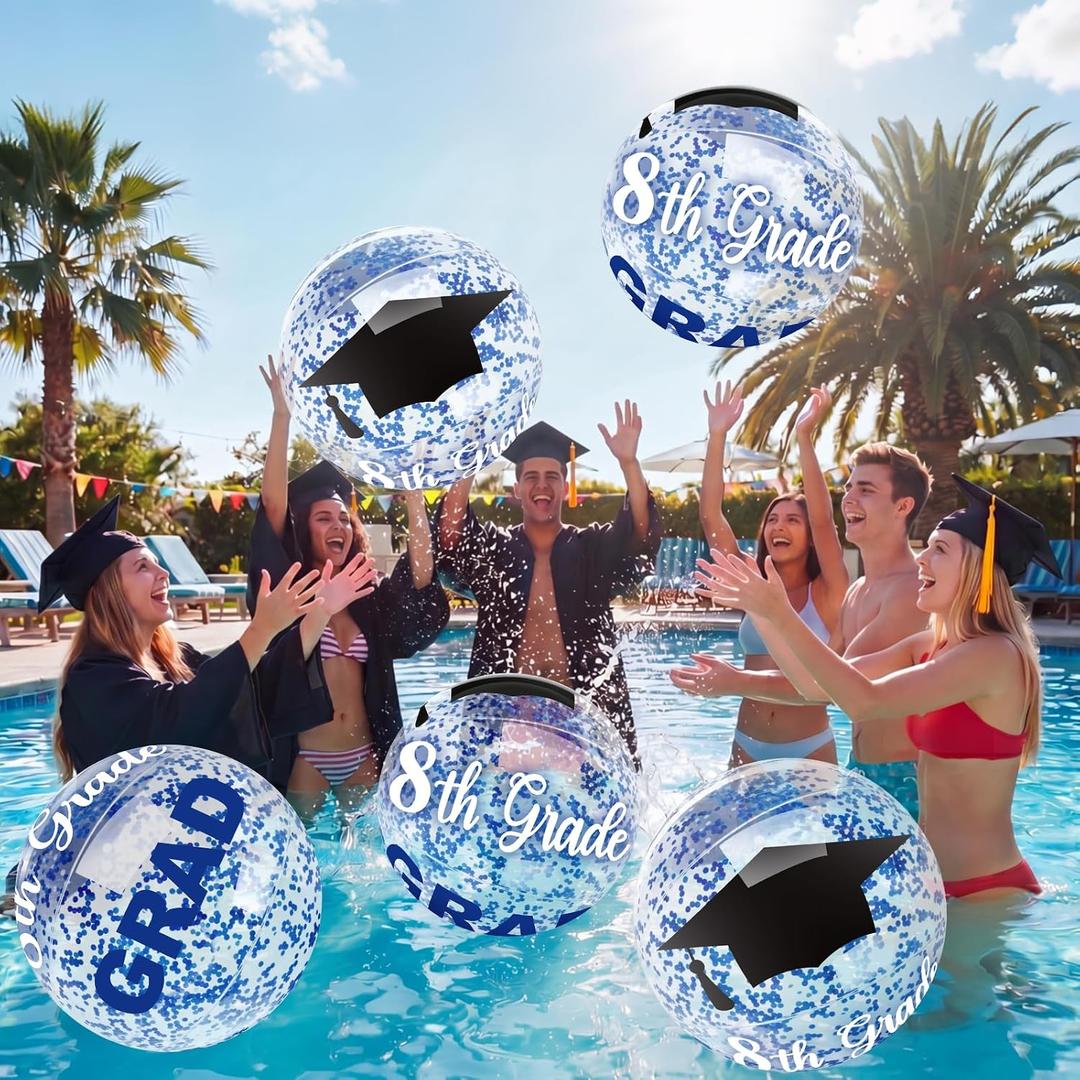 Foilswirl 12 Pcs 8th Grade Graduation Beach Balls Party Gifts Bulk 16 Inch Inflatable Blue Graduation Pool Floats 2026 Thick Glitter Giant Beach Ball for Eighth Grade Swimming Pool Party Supplies