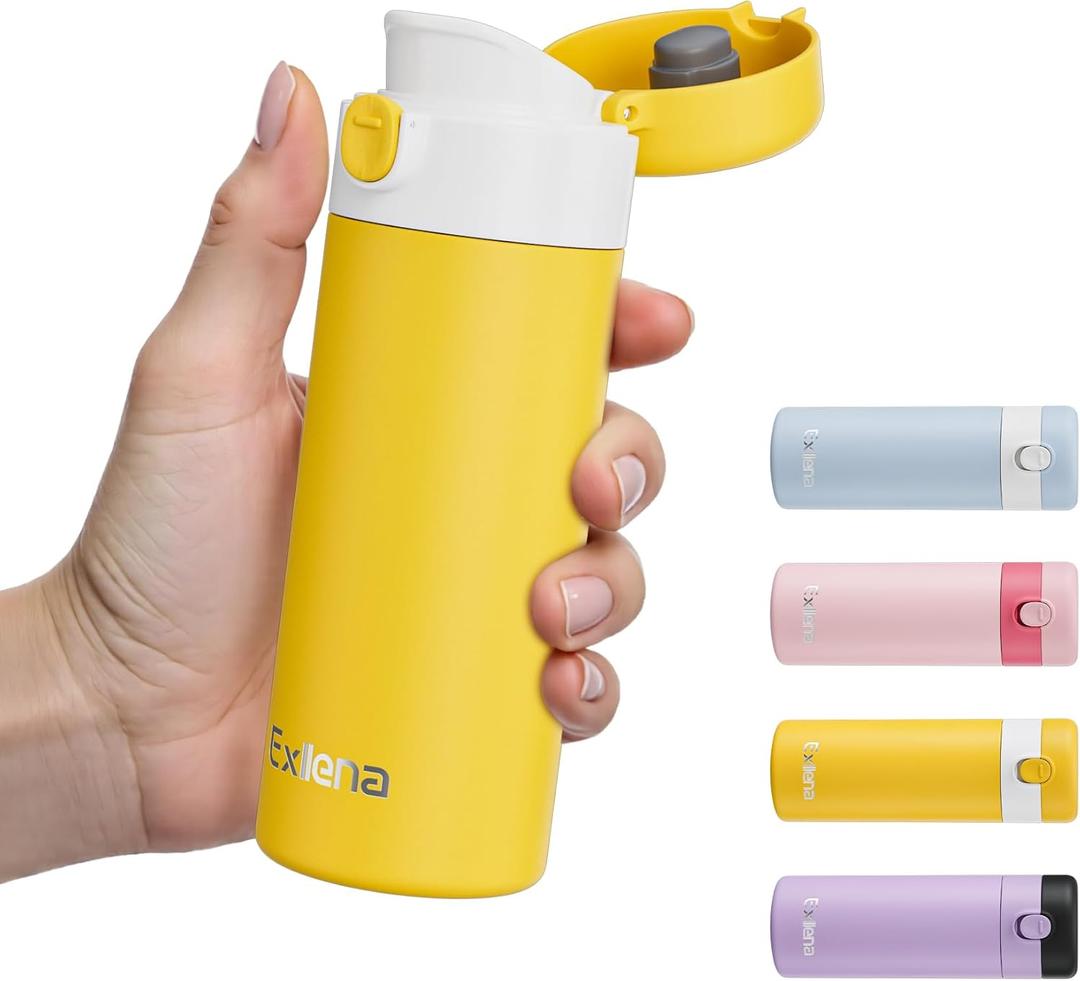 Exllena Small Insulated Water Bottle with Push-Button Lid  7.5oz/220ml Mini Flask, Leakproof Mini Water Bottle for Coffee, Milk, Travel, School & Office Use(Yellow & White) (7.4 Ounces)