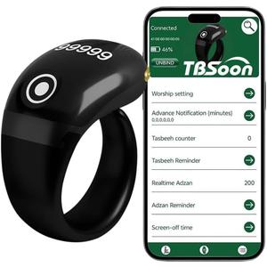 Lightweight Tasbih Smart Ring, Tasbeeh Counters,Prayer Direction Indicator Guide,5 Azan Alarm Clock,Forgiveness,Electronic Rosary,Eid al-Fitr Eid al-Adha Ramadan Gift for men women-Black Pro with APP