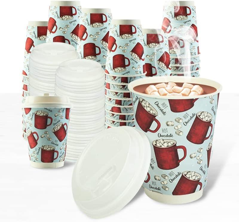 Upper Midland Products [100 Sets] 12 oz Double Wall Insulated Disposable Hot Chocolate Cups and Lids - Recyclable To Go Hot Cocoa Christmas Cups