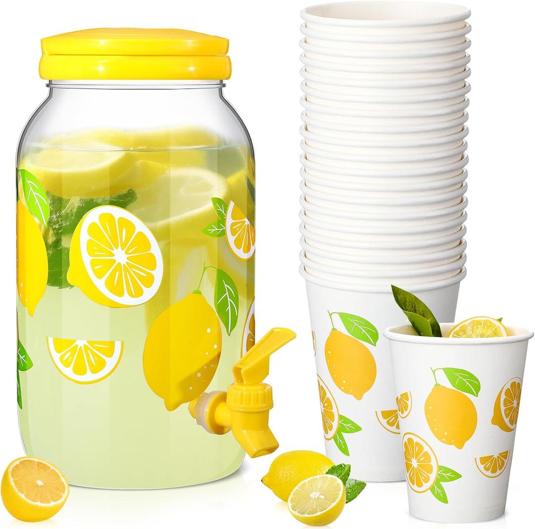 Umigy 1 Gallon Lemon Plastic Drink Dispenser with 20 Pcs 12 oz Lemon Paper Party Cups 1 Gallon Kitchen Fridge Beverage Dispenser Plastic Water Dispenser with Spigot for Juice Tea Beer