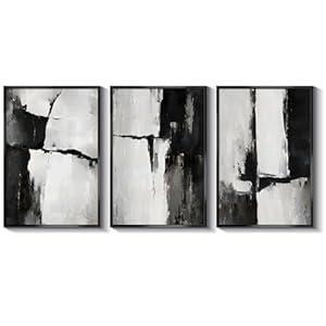 InSimSea Large Metal Framed Wall Art, Black and White Canvas Wall Art for Living Room, Abstract Print Paintings Set of 3, Minimalist Home Office Decor, Bedroom Wall Decor -【Rupture】-(36L x 24W)