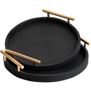 2 Piece Black Round Serving Tray with Handles, Woven-Texture Faux Leather Ottoman Tray for Living Room, Decorative Tray for Coffee Table Home Decor