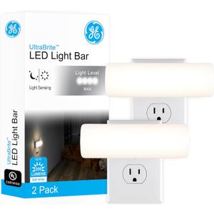 GE home electrical Ultrabrite LED Light Bar, 200 Lumens, High/Low/Off Switch, Plug-in, Night Light, Ideal for Dark Spaces, Bedroom, Bathroom, Kitchen, Hallway, Garage, Basement White, 52261, 2 Pack (White 200 Lumens)