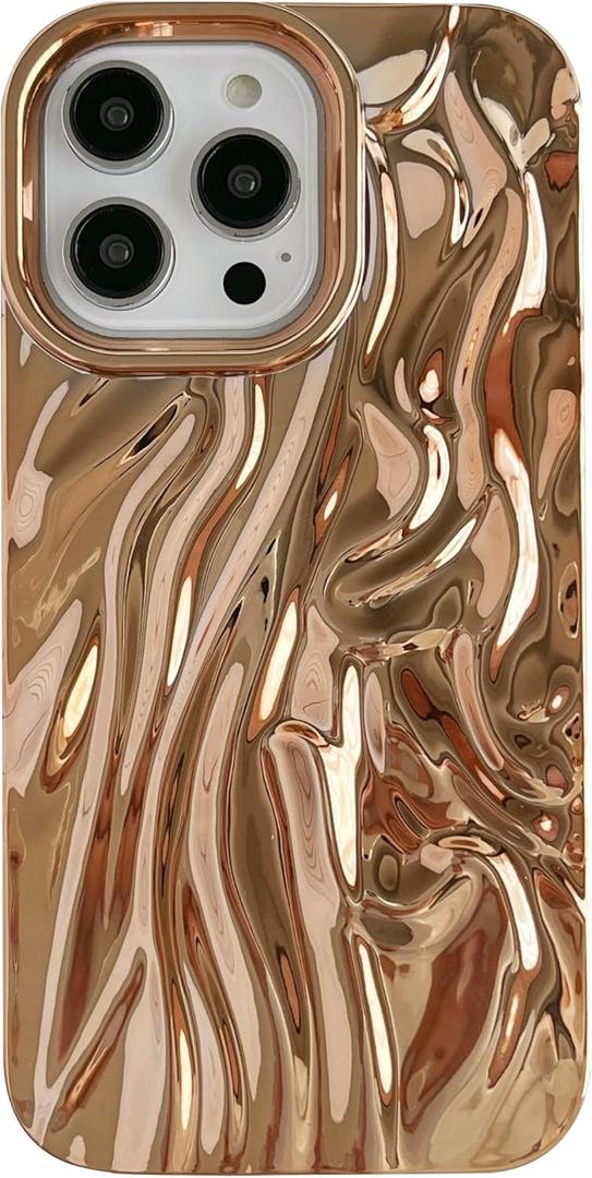 Caseative for iPhone 14 Pro Max Case,Pleated Water Ripple Chrome Wave Pattern Soft Phone Case (Gold)