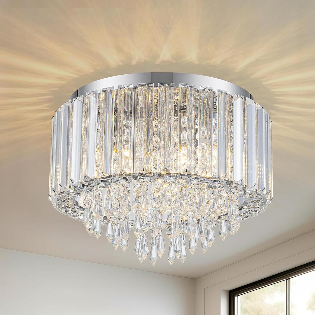 HOPGGIE 11.8 Inch Crystal Chandelier Modern Chandelier Light Mini Chandelier Semi Flush Mount Ceiling Light Fixture Small Chandelier for Bedroom Hallway Kitchen Foyer Closet (Chrome)