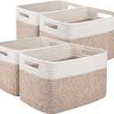 OIAHOMY 4 Pack Storage Baskets for Organizing, Basket for Shelves with Handle, Woven Baskets for Storage Toys, Towels, Books, Cotton Rope Basket 13" L x 9 " W x 7.8 " H, Brown & White