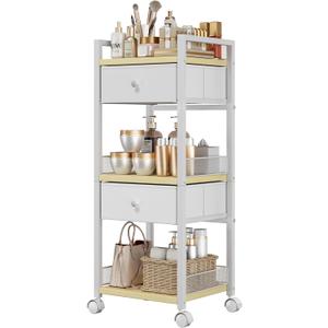 Flycity Makeup Organizer Cart with Drawers, 5 Tier Rolling Makeup Cart, Floor Skincare Organizers, Vanity Organizer Storage with Wheels Cosmetic Display Cases for Skin Care Perfume Nail Polish, White (11.4"D x 13"W x 34"H)