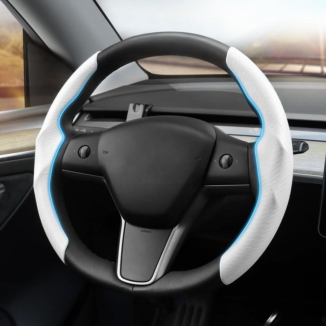 Custom-Fit for Tesla Steering Wheel Cover, Tesla Model Y 2020-2025 / Model 3 2017-2025 2026 (Fit Model 3 Highland) Carbon Fiber Steering Wheel Cover for Model Y / 3 Accessories (White)