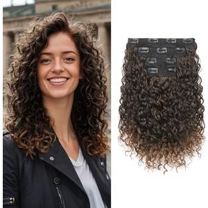 FLUFYMOOZ 4PC Clip in Hair Extensions, 14 Inch 100％ Pure Protein Silk Short Hairpiece Deep Curly Wavy Hair Extensions Clip in Natural Soft Hairpiece for Women-Dark Almond brown with copper