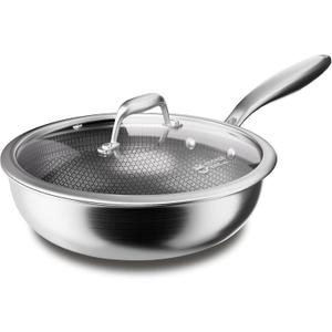 COOKER KING 12-Inch Hybrid Stainless Steel Wok with Lid, Nonstick Stir Fry Pan & Deep Frying Pan, Tri-Ply Clad Honeycomb Everyday Pan, Induction Ready, Oven & Dishwasher Safe, PFOA Free