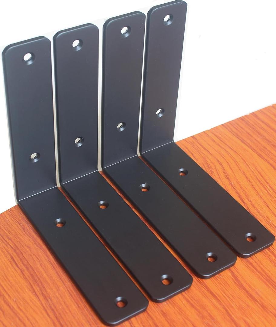 4 Pack - L 6" x H 6" x W1.5, 5mm Thick Black L Shelf Bracket, Iron Shelf Brackets, Metal Shelf Brackets, Floating Shelf, Shelf Supports with Screws