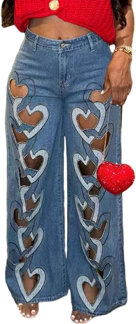 Famnbro Womens Ripped Jeans Heart Cutout Baggy Y2k High Waisted Straight Wide Leg Sexy Denim Pants (Large, Blue)