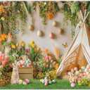 ZTHMOE Fabric 8x6ft Spring Easter Tent Photography Backdrop Bunny Eggs Green Grass Flowers Floral Background Kids Party Decoration Festival Photo Banner Booth
