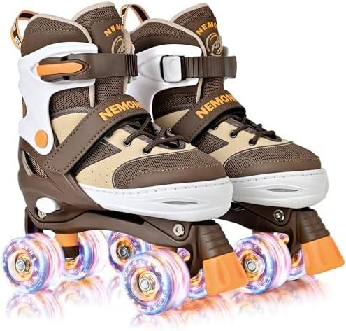 NEMONE Roller Skates for Boys Kids Ages Adjustable Light up Wheels, Todder Beginner Rollerskates Indoor Outdoor Sports Brown S