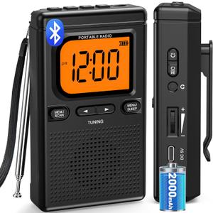 2000mAh Rechargeable AM FM Radio with Bluetooth Portable Transistor Pocket Radio with Best Reception Digital Tuning, Flashlight,LCD Screen,Earphone Jack, Sleep Timer and Alarm Clock for Jogging (Black)