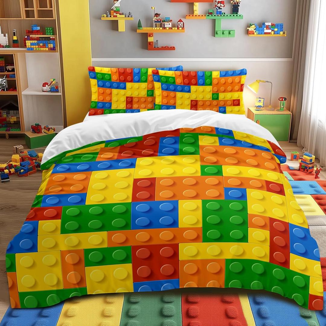 BlessLiving Twin Duvet Cover Set - Soft Colorful Building Blocks Bedding Set, Fun Geometric Brick Pattern Comforter Cover, Yellow Orange & Green - Gaming Bedspread with 2 Pillowcases for Teens & Boys (1)