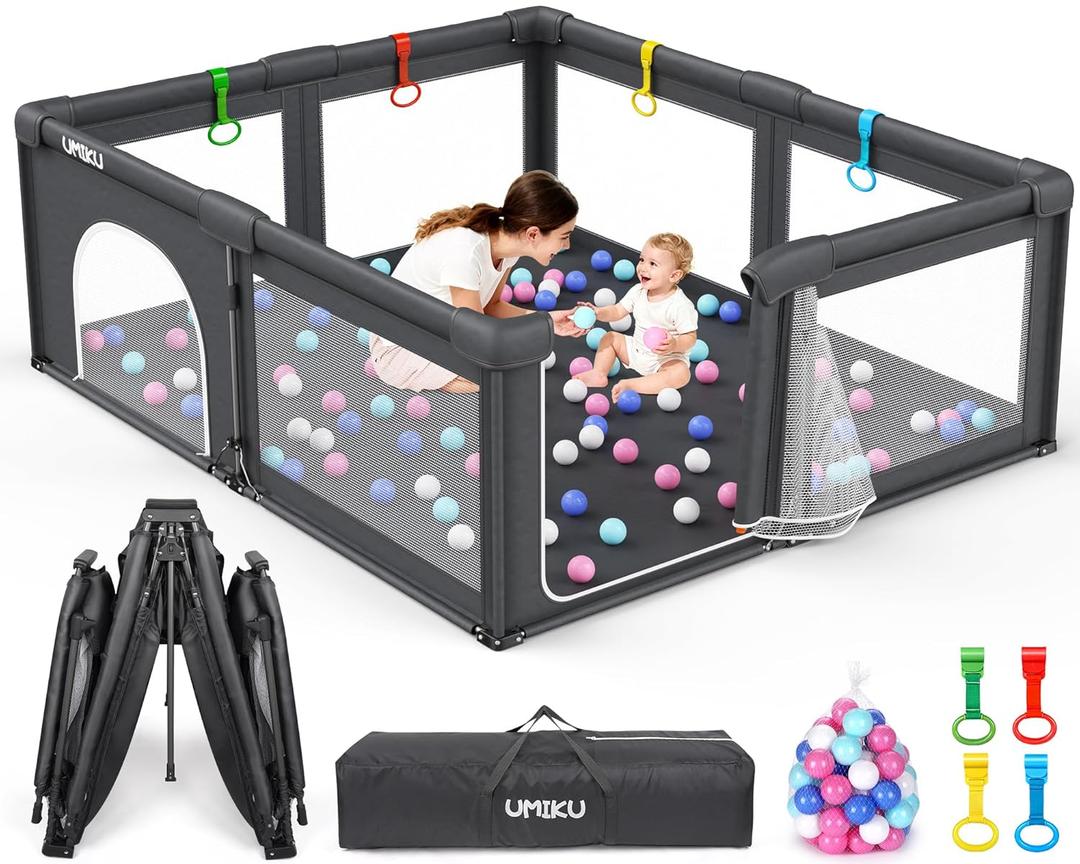 Baby Playpen Foldable Playpen for Babies and Toddlers, Extra Large Playpens Portable Play Pen Travel Activity Center for Kids Indoor Outdoor Pack and Play Baby Shower Gifts, 71"X59" Dark Grey