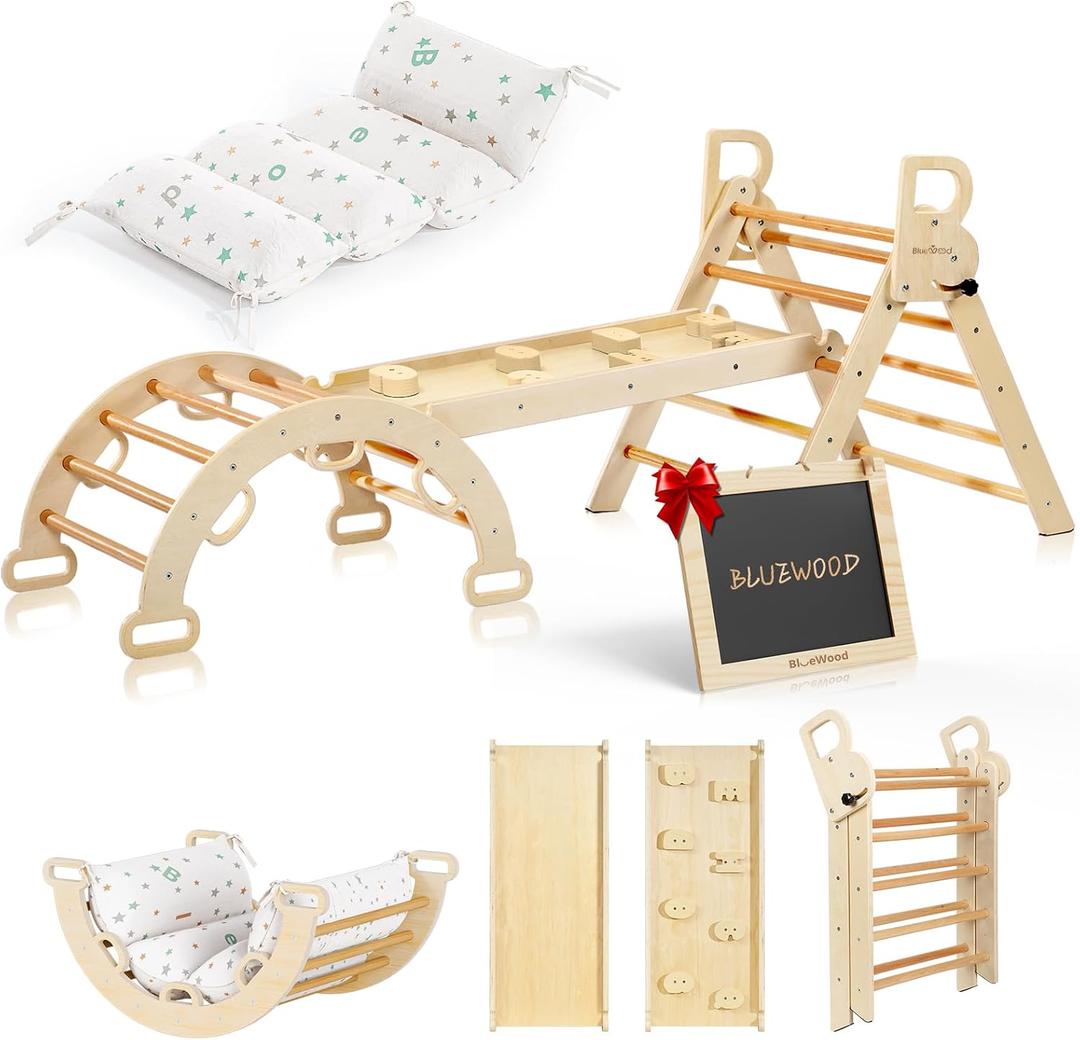 BlueWood Pikler Triangle Set With Cushion, Foldable Toddler Climbing Toys, Medium