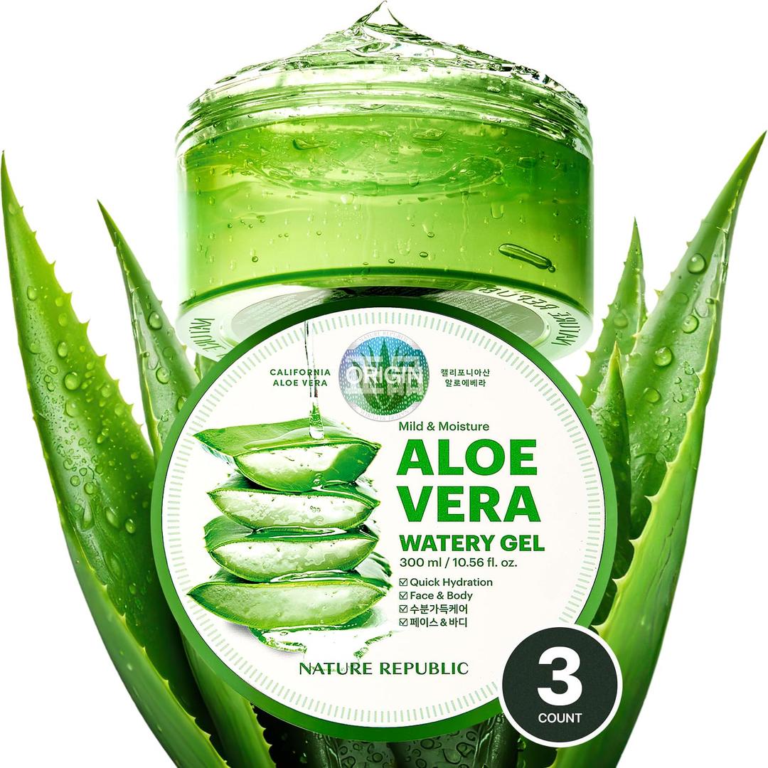 Nature Republic MILD & MOISTURE ALOE VERA WATERY GEL (2 PCS) Quick Hydration & fast absorbing non-sticky texture, After sun & Aftershave, Moisturizing Face Skin & Hair, Korean skin care All Skin Types, 3 Pack
