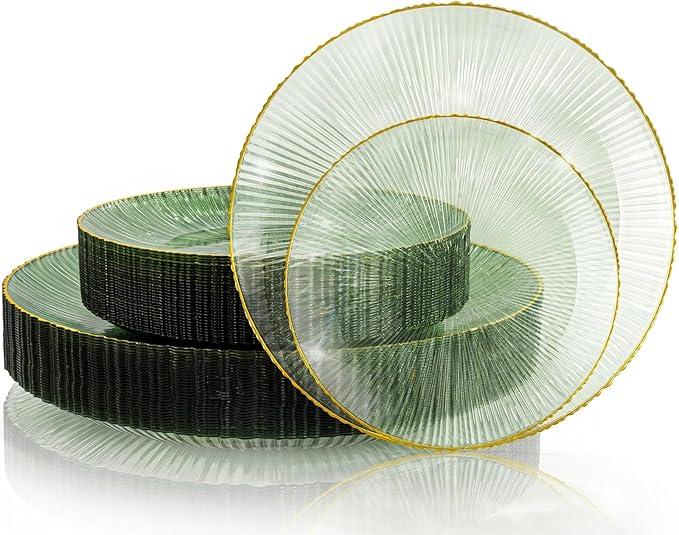 DaYammi 60Pcs Sage Green Plastic Plates with Gold Rim,Disposable Plates Set Includes 30 Dinner Plate & 30 Salad Plate,Fancy Green Party Plates with Radial Texture for Party Wedding Dinner Easter