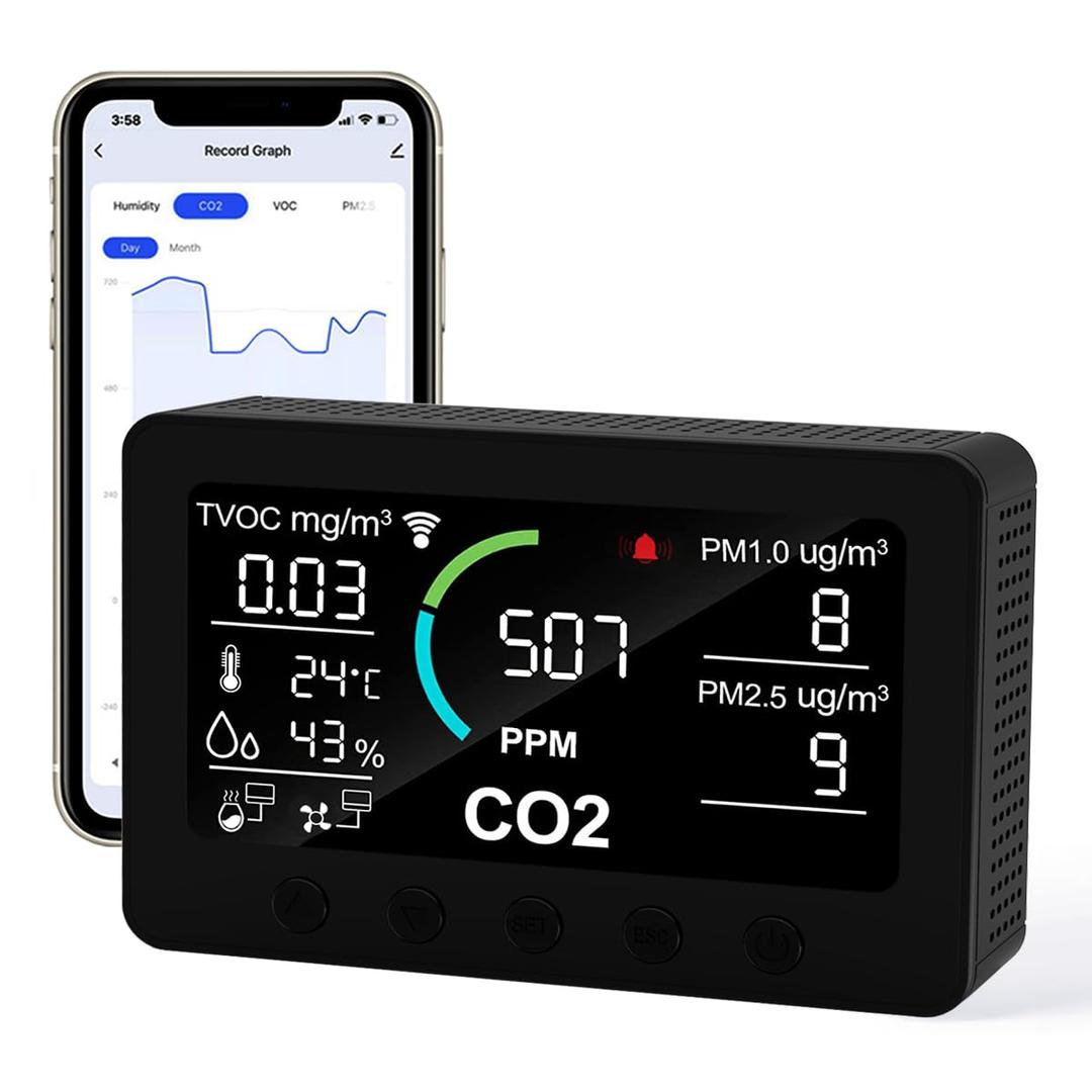12 in 1 Air Quality Monitor Indoor, Air Quality Tester for Home, Air Quality Meters for CO2, TVOC, PM1.0,PM2.5, AQI,Temperature and Humidity,with APP and WiFi,Air Quality Detector for Home, Office (Black)