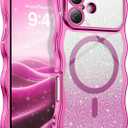 BENTOBEN for iPhone 17 Case Clear, [Compatible with MagSafe][Full Camera Protection][Cute Wave Frame][DIY Glitter Cardstock] Electroplated Wavy Shockproof 17 Phone Case 6.3" for Women, Hot Pink