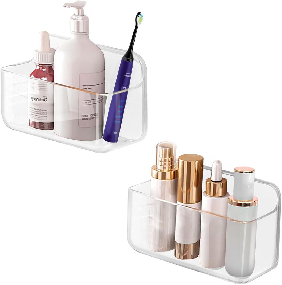 CGBE 2 Packs Cabinet Door Organizer, Acrylic Adhesive Shelf Wall Mounted Storage, Self Adhesive Shower Shelves Without Drilling, Automatic Draining Clear Shower Organizer for Bathroom (Transparent)