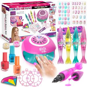 Amagoing Kids Nail Polish Set for Girls, Nail Kit for Girls Ages 7-12 with Nail Dryer, 2 in 1 Nail Pens, Sticky Cartoon Press on Fake Nail, DIY Sticker, Nail Set Play Salon Birthday Christmas Gift